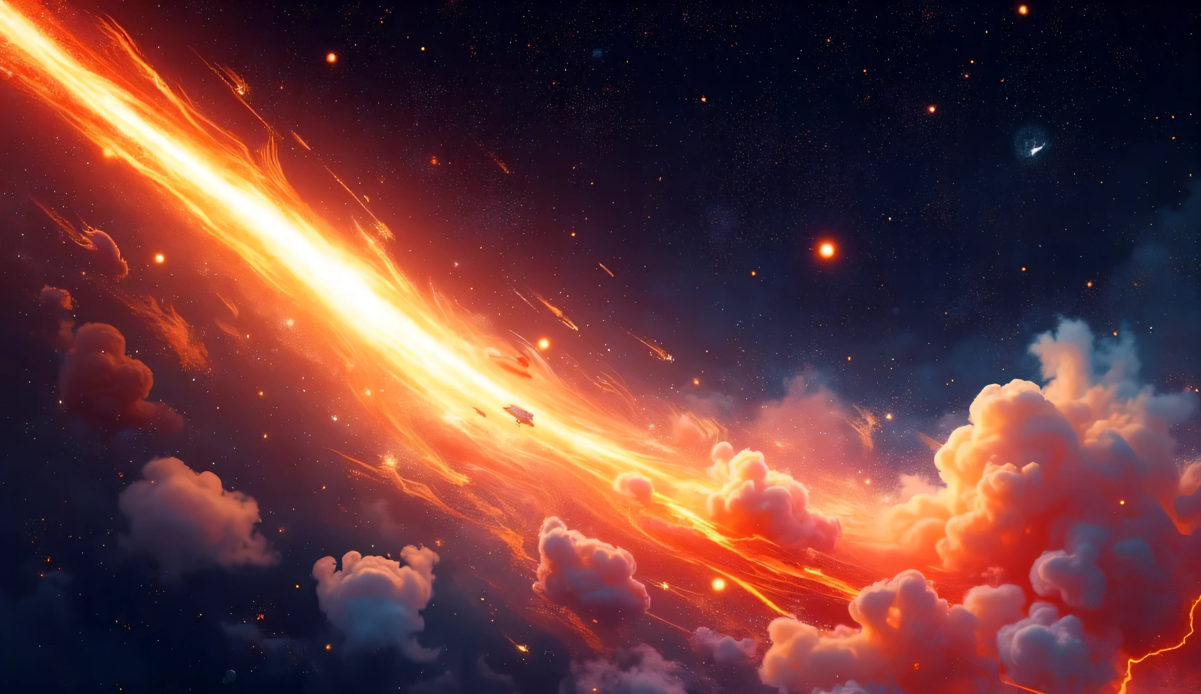 A futuristic and dynamic background design featuring glowing rocket smoke trails without the rocket itself. The smoke flows diagonally across the scene, with vibrant shades of orange, yellow, and subtle hints of red, blending into soft glowing particles. The smoke transitions seamlessly into a dark cosmic backdrop filled with stars, nebula swirls, and a gradient of navy blue, purple, and black. The glowing particles scatter gently, creating a sense of motion and energy, while the overall design feels light yet engaging, perfect for a modern space and technology theme.