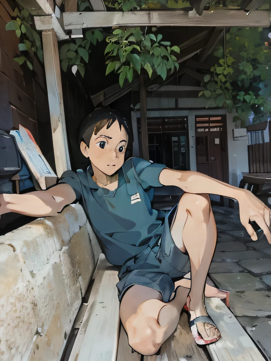 young man sitting, black shirt, short cargo pants, staring intently, sitting on a wooden chair, terraced house in the background, outdoors, facing forward, right hand extended forward, left hand holding the knee of the left leg, right leg sitting , looking ahead, sharp gaze, not wearing sandals, at night