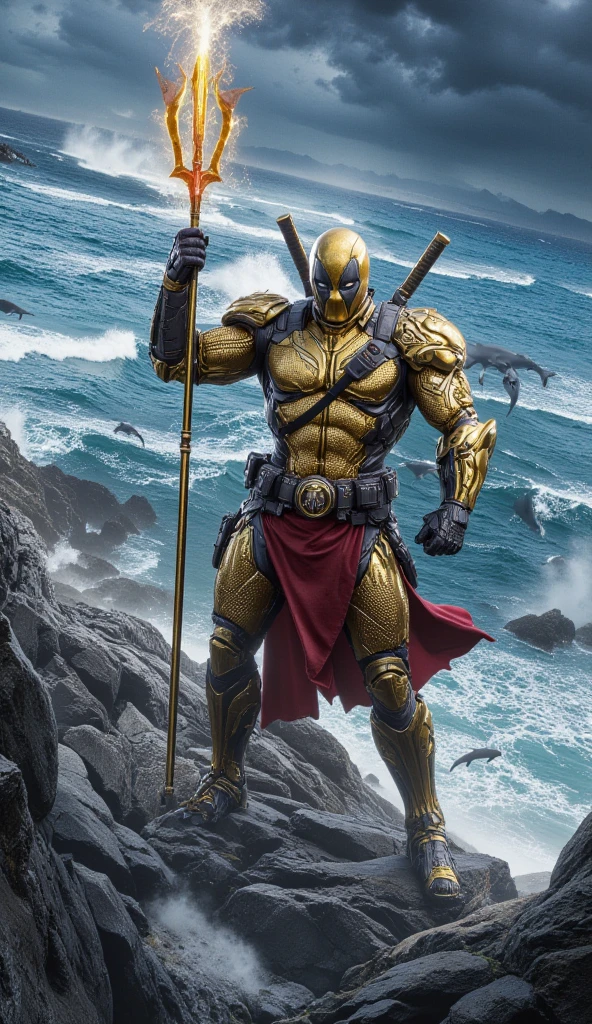 "A cinematic depiction of a hybrid between Deadpool and Aquaman. The character stands confidently at the edge of a rocky ocean cliff, holding a glowing trident that radiates chaotic energy. His armor is a blend of golden scales and red accents, with a mask resembling Deadpool's iconic look but enhanced with aquatic elements. The background features turbulent waves crashing against the rocks, while sea creatures like sharks and dolphins swim nearby, seemingly under his command. The character exudes both comedic mischief and majestic strength, with a hyper-realistic texture highlighting every detail."