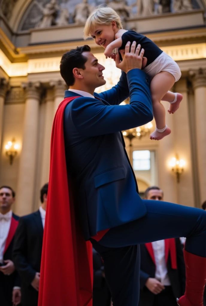 They kiss each other.This is the wedding of Superman in St. Peter's Basilica.Trump President of the United States wearing Tuxedo, Superman lift Trump in a princess way and fly on the church with Trump. Superman look Trump with love.Superman,a 30-year-old Tyler Hoechlin face, attractive, class blue Superman suit with muscle, (black undercut, blue tights and red cape and red boots and red briefs：0.8),16k,UHD, dslr, insane details, award-winning photo,HD.gay
background is St. Peter's Basilica packed with people celebrating Superman’s wedding. Now filled with fireworks to celebrate their wedding.