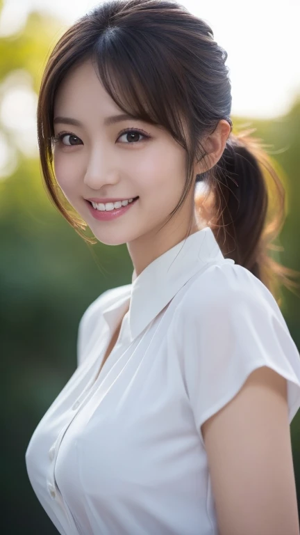 (masterpiece、high-level image quality、sharp focus)、Wearing a white shirt with short sleeves、one shirt button is missing, A Japanese Lady、23 age、(perfect anatomia、Precise and beautiful limbs), simple girl with little smile, wind blows hair, short ponytail , high angle camera, High is a design that shows cleavage