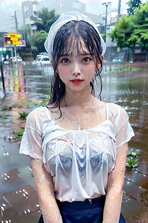 songkran,Wet city road ,drenched, Dripping, Wet Face,Wet clothes, Wet Skin, Wet Hair,A young woman with a cute face like an idol,(((Cleavage))),(Maid clothes),(((Water-soluble clothing is starting to melt and skin is exposed))),RAW Photos,Genuine,Genuine,High resolution,RAW Photos,masterpiece, beautiful