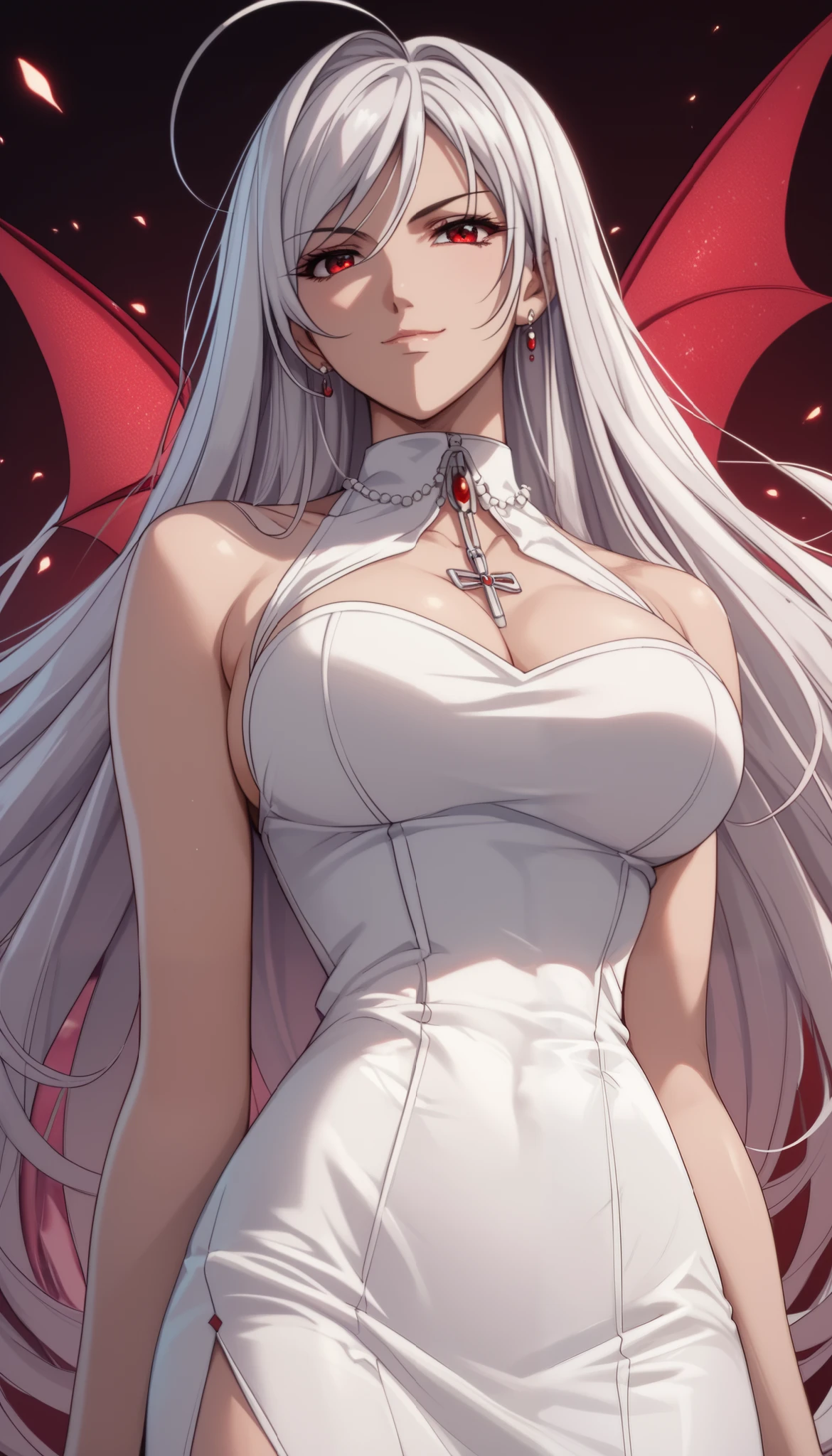 vampire moka akashiya, long hair, red eyes, ahoge, white hair, large breasts, white dress、Light smile、Shiny Hair、Tight waist、Small waist、Glowing Skin、eight-headed body、Beauty、