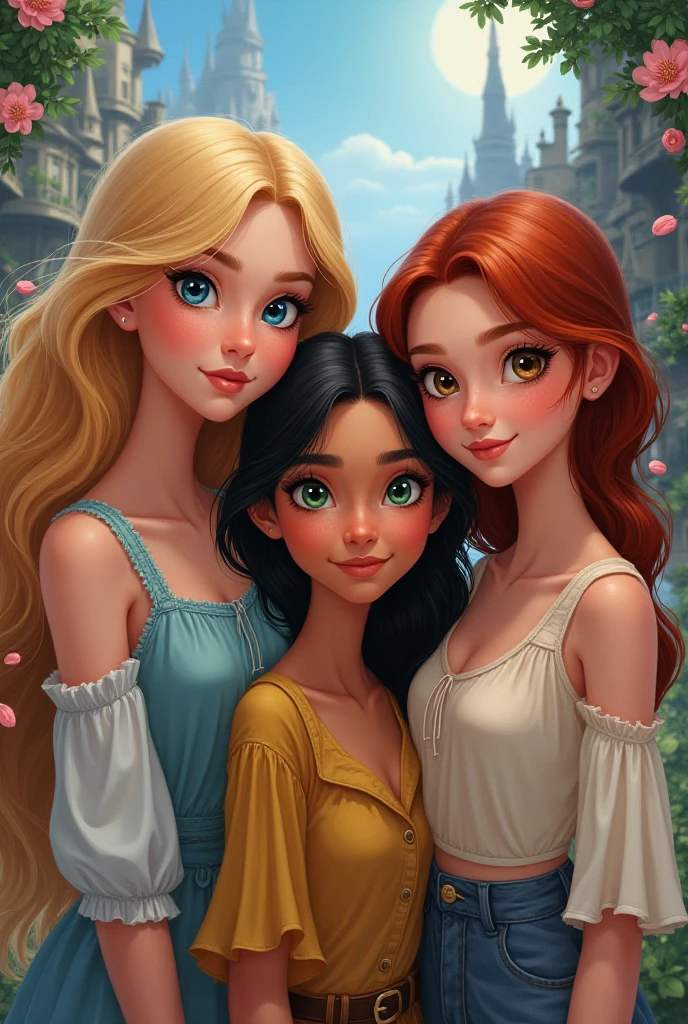 3 older girls with very wavy Disney-style hair, one with brown skin, two with white skin, and all with brown hair.