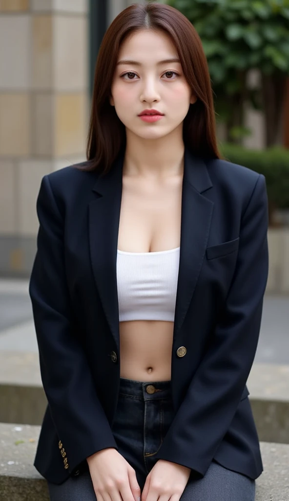  a 25 year old woman ,  sits front facing, whole body visible,  thick dark red lips ,  using black color jacket unbuttoned ,  using no clothes, underwearless, Denim trousers in black color ,  using black color white color very detailed image quality