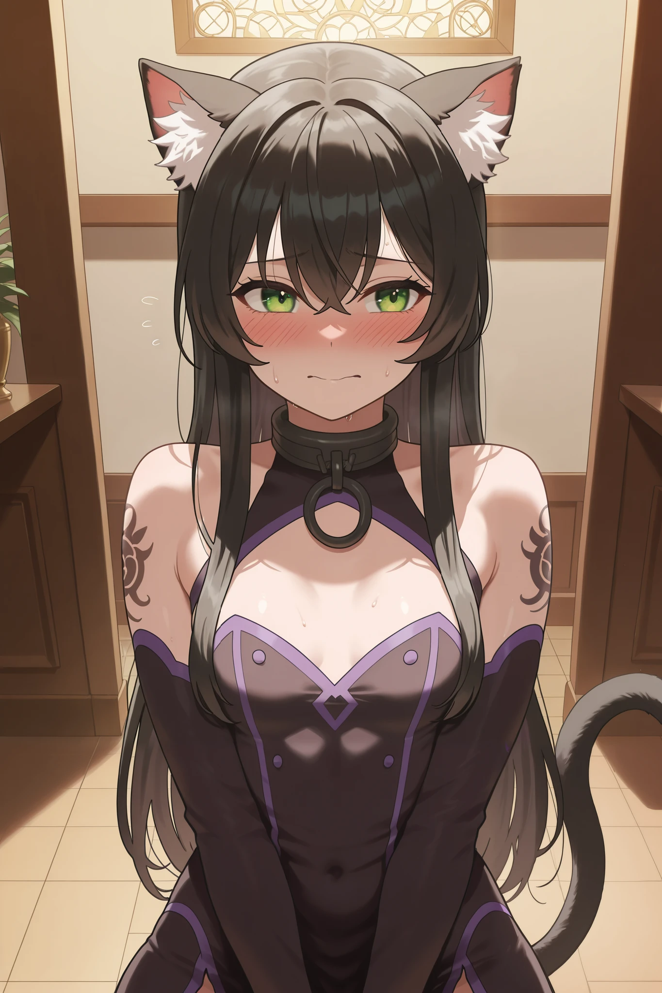NSFW,masterpiece, best quality , High Resolution , very detailed,Rem Gallew 、 long hair、bangs、 black hair、 animal ears 、 hair between your eyes、非常に long hair、 green eyes、tail、 side lock、Cat ears、 cat's tail、 animal ears の毛, little chest,Fallen into evil, Pleasure Fall , cuckold, tattoo on lower abdomen , Adventurers Guild, reception counter,Embarrassed,blush