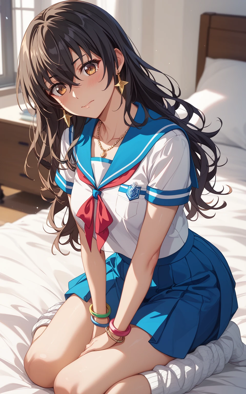  kneeling、 cowboy shots、 bed、(Himeragi Yukina) 、 1 woman、Embarrassed、 black hair、 bangs between eyes、Light brown eyes、Glamorous eyes、 Textured Skin、 summer sailor suit、Short sleeve、 miniskirt 、 loose socks 、 earrings、 necklace、 bracelet、(vibrant colors:1.25)、8k、 highest image quality taken by Ki、masterpiece、 best quality 、 very detailed