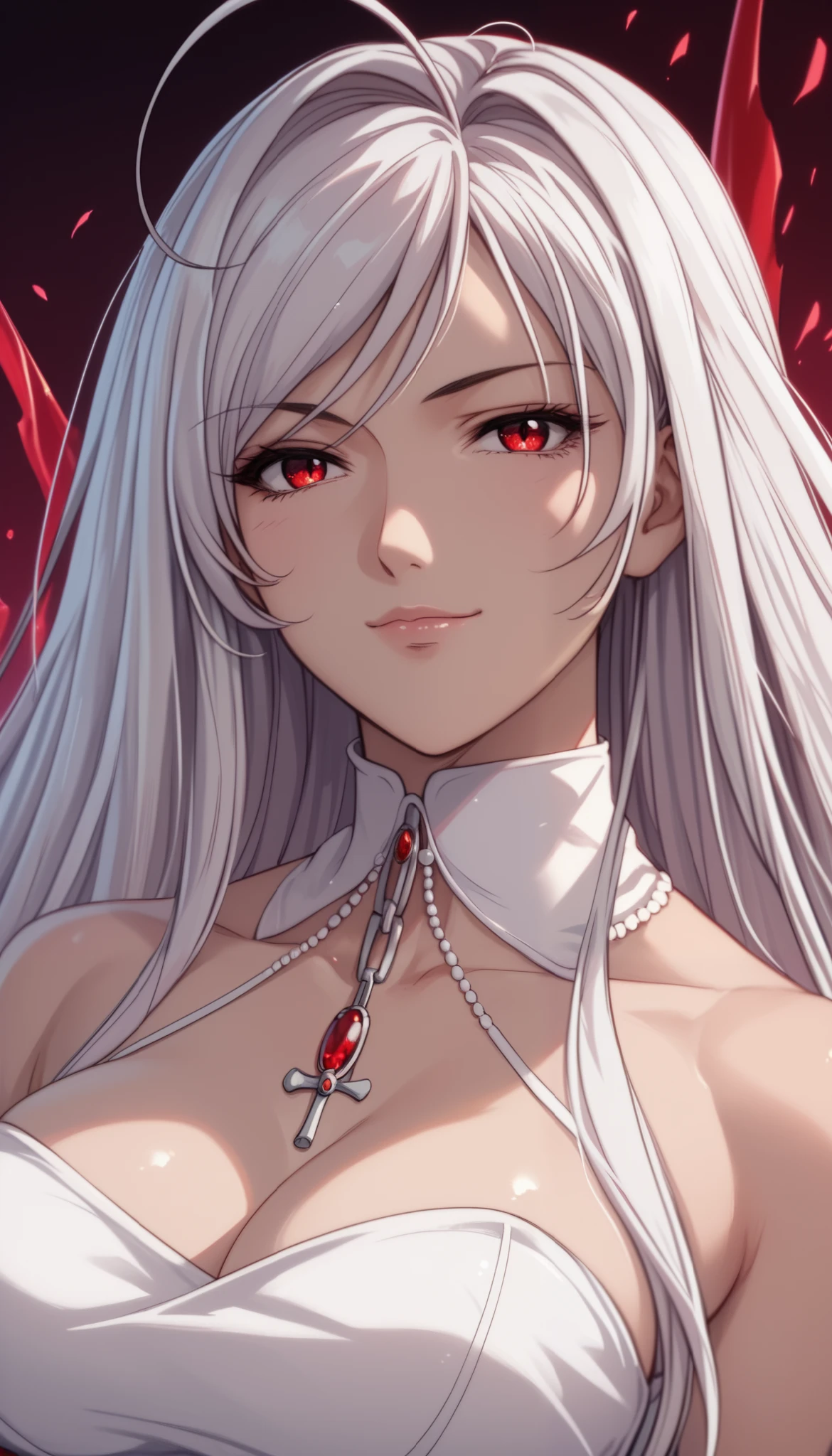 1girl、vampire moka akashiya, long hair, red eyes, ahoge, white hair, large breasts, white dress、Light smile、Shiny Hair、Tight waist、Small waist、Glowing Skin、eight-headed body、Beauty、