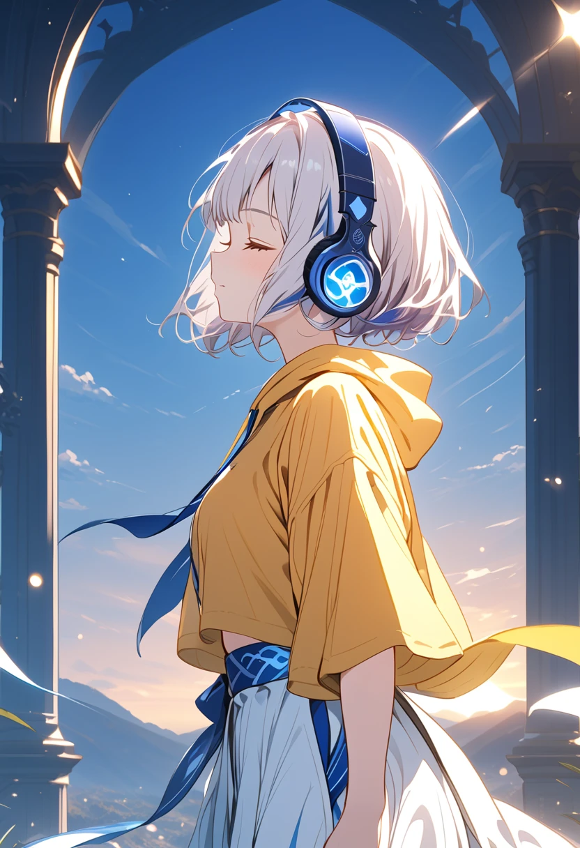 {{{masterpiece}}}, {{{ top quality }}}, {{ ultra detail }}, { cute, detail eyes},((side view,closed eyes)),  1 girl, Alone, ((white hair,pixie cut)),((((purple headphones))),(((yellow hoodie))),(white Palazzo pants),((standing)),Midea,sunrise,clear sky