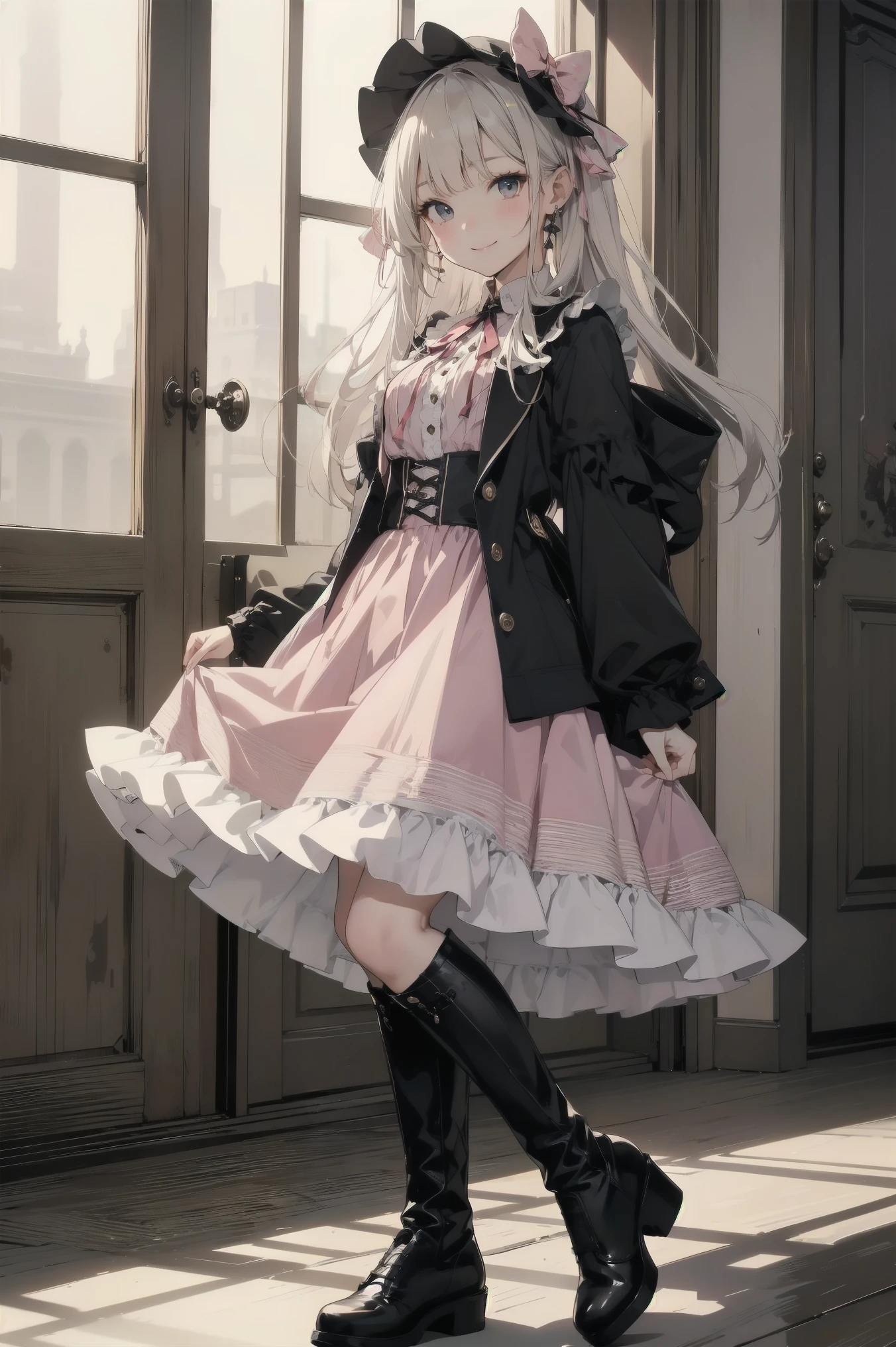 Beautiful Girls、とても cute天使、Pink ta Dress、 cute、smile、 Long Skirt、 Black Long Boots 、