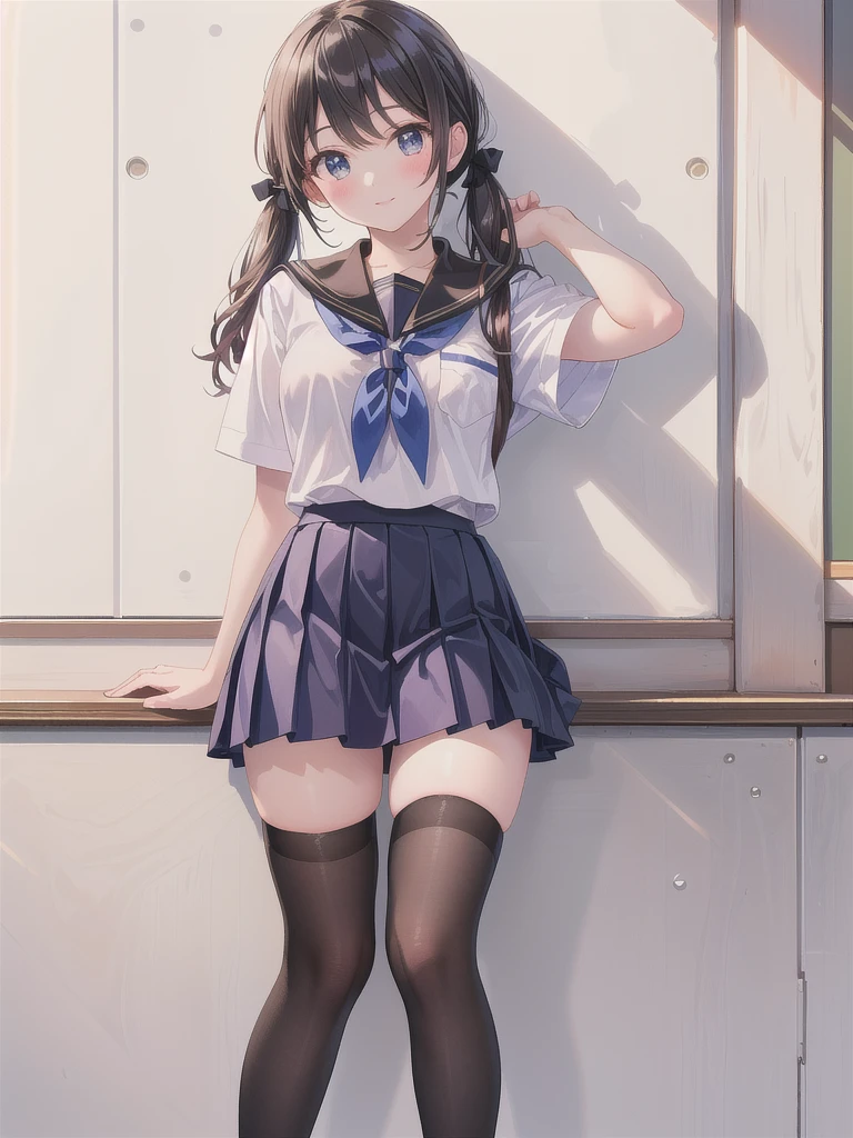Beautiful illustration、top-quality、cute petit girl、(transform sequence)、white japanese maid uniform、((Blue leotard))、10yaers old、elementary student、Slender beautiful girl、Fractal Art、baby-face、((stright long hair))、beatiful detailed eyes、a smile、Full Body Display、Western-style garden、(1 persons)、long-sleeve、landscaped gardens、(knee high socks)、is standing、(highleg)、