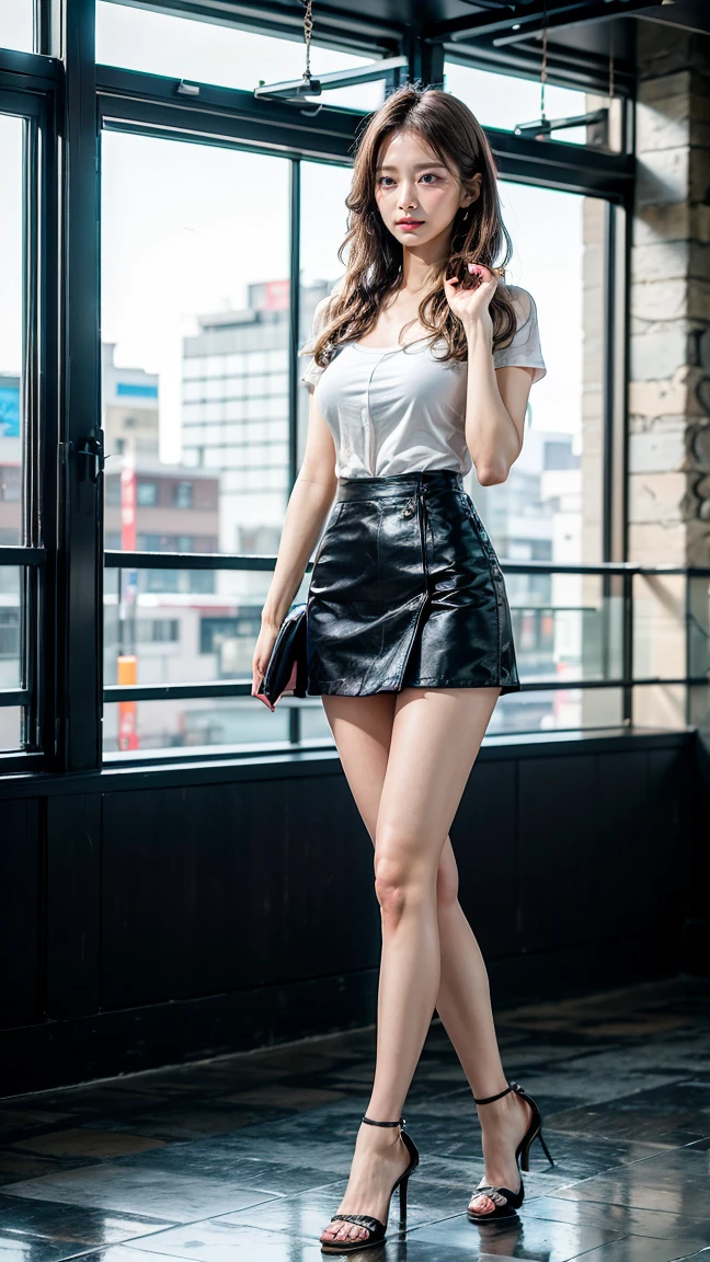 a beautiful detailed Japanese woman, 24 years old, with healthy thighs, beautiful legs, beautiful skin, random hair color and hairstyle, large breasts, female secretary, wearing a miniskirt, (she is standing:1.2), full body shot, high heels, holding a notebook in one hand, (best quality,8k, masterpiece:1.3), (extremely detailed:1.2), perfect anatomy