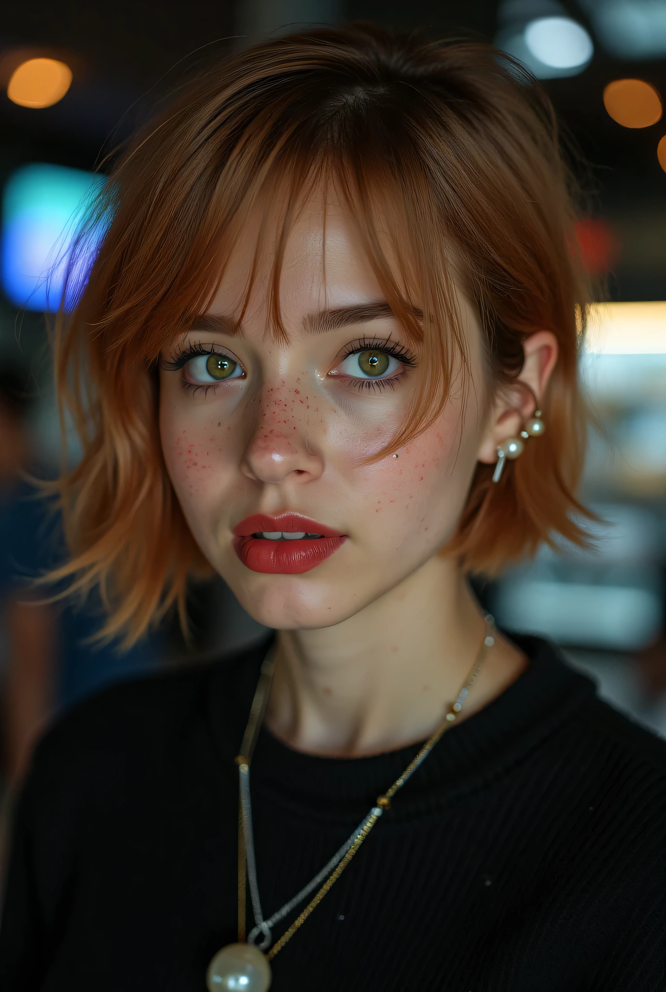 ((realism, photorealistic, life-like photograph, score_8_up, score_9, overexposed, boring)), closeup face portrait, twenty year female, freckles, light brown hair with ginger highlights, short scruffy bob hair, pearl earrings, pearl necklace, red lips slightly parted, head slightly tilted, sleepy green eyes, black sweater, background futuristic bar, bokeh, dark, night, dim lighting