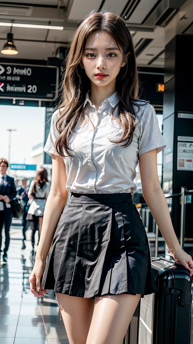 A beautiful, 24-year-old Japanese woman with perfect anatomy, healthy thighs, beautiful legs, beautiful skin, random hair color and style, large breasts, (wearing a flight attendant uniform with a mini-skirt:1.3), (she is standing:1.2), full body shot, pumps, carrying a suitcase, at the airport, (best quality,4k,8k,highres,masterpiece:1.3),(extremely detailed:1.2),realistic,photorealistic,photo-realistic:1.37,professional,vivid colors, studio lighting