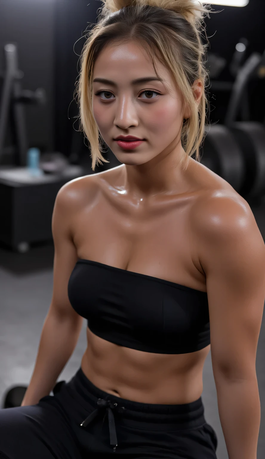  a 25 year old woman ,  sits front facing, whole body visible,  thick dark red lips ,  using black strapless bra,  black tracksuit pants , sweaty looking sexy , very detailed image quality 