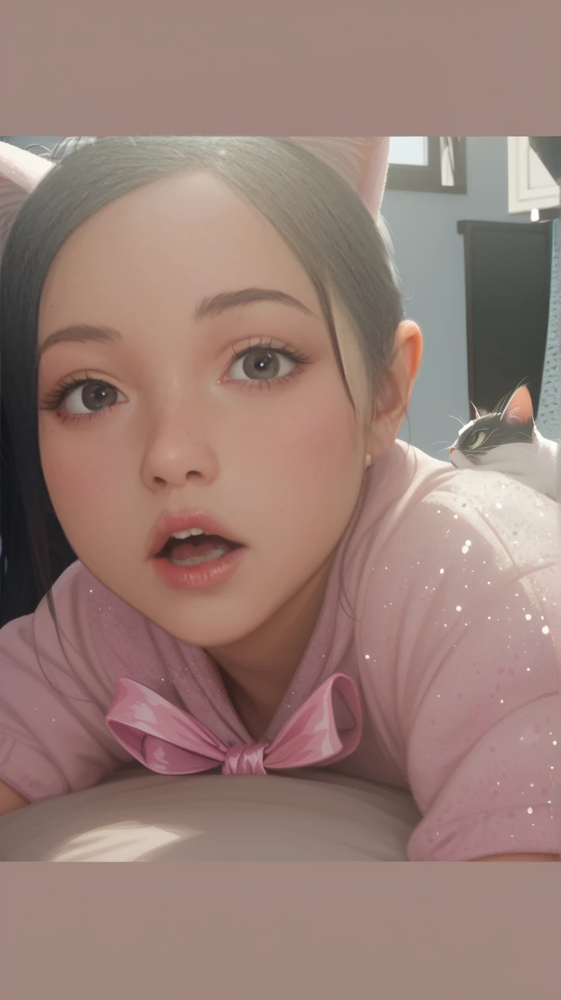 Q version of cute beautiful girl,Dumb cute,duck sitting,(Big eyes),Small mouth,(((with short black hair,Braid))),looking at me,(JK school uniform,Meticulous portrayal),((Figures,blindbox)),((Colloidal material,crystal-clear,Good light transmission)),(Disney style),high qulity,high detal,(super-fine),16K resolution,(Overlooking),(Macro lens),((Works of masters)),((Full body like)),((solid color backdrop)),pink lighting,(((Round thick base:1.3,Graphical model basics))),(Ray traching),((Blue and purple majority))