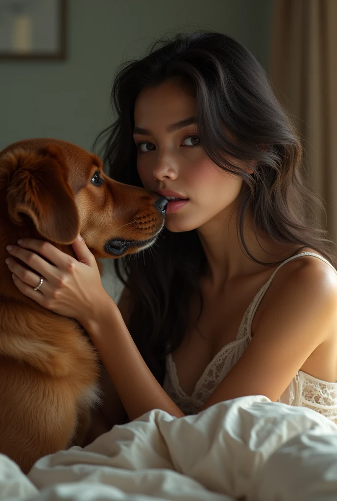 A beautiful woman,With the dog's extravagant hope