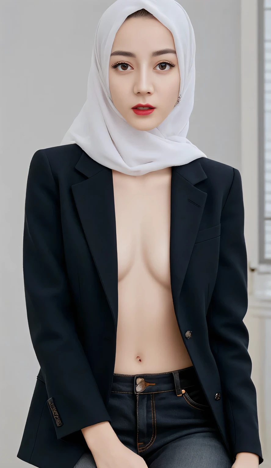 ((Red Lips)), Coats Medium body portrait, ((White Hijab Stylish)), HALIMAH'S MOTHER IS 85 YEARS OLD HER BODY IS VERY FAT & NUDE AT A DARK NIGHT PLACE, Ultra High Res. realistic: 1.4, UHD, lace , very flat chest, half body portrait , skinny my body, view from side seductive pose , (old lady:1.5)