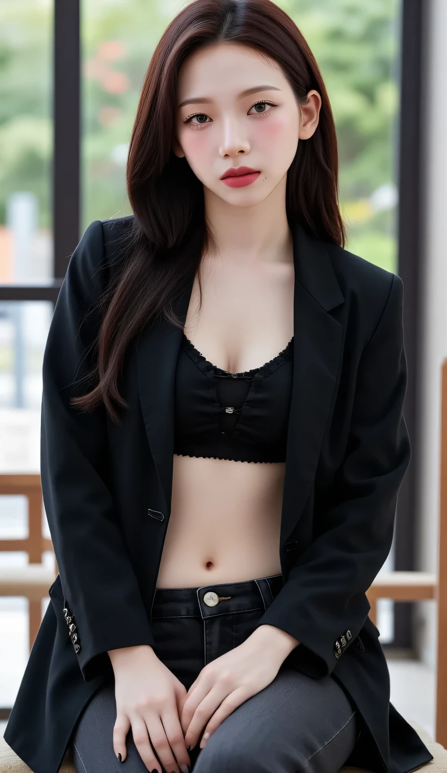  a 25 year old woman ,  sits front facing, whole body visible,  thick dark red lips ,  using black color jacket unbuttoned ,  using no clothes, underwearless, Denim trousers in black color ,  using black color white color very detailed image quality