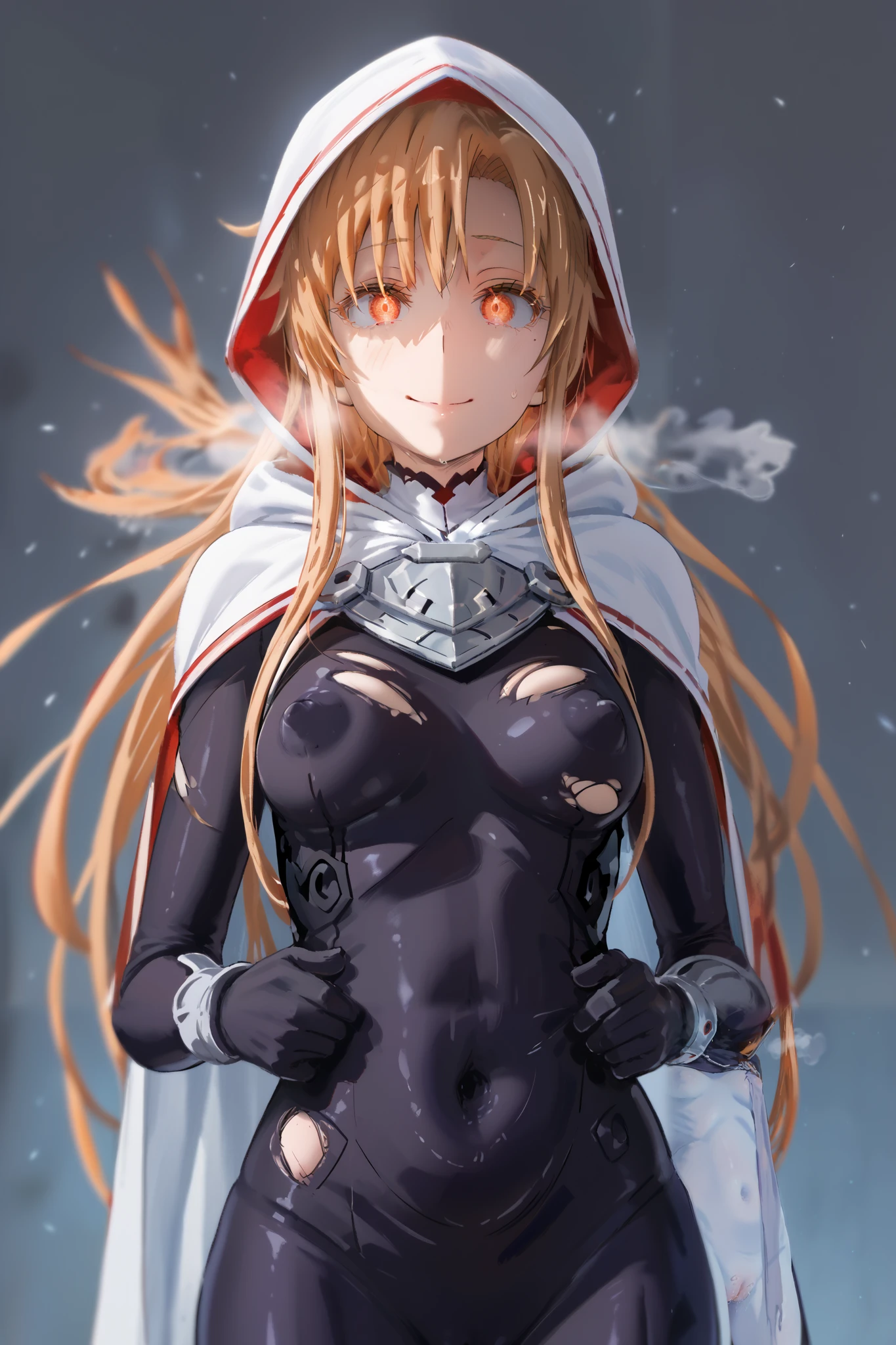 ken-1, score_9, score_8_up, score_7_up, score_6_up, uncensored, asuna yuuki from sword art online, orange hair, long hair, fold, orange eyes, BREAK UHD, retina, masterpiece, accurate, anatomically correct, textured skin, super detail, high details, high quality, award winning, best quality, highres, 4K, black nails, makeup, eyelashes, shaded face, (gasping, heavy breathing:1.3), BREAK, 1girl, solo, breasts, hood, torn_clothes, red_eyes, covered_navel, small breasts, looking_at_viewer, gloves, full_body, smile, boots, bodysuit, standing, covered_nipples, glowing, cape, cloak, glowing_eyes, hood_up, torn_cape, black_cape, closed_mouth, (aura:1.3)