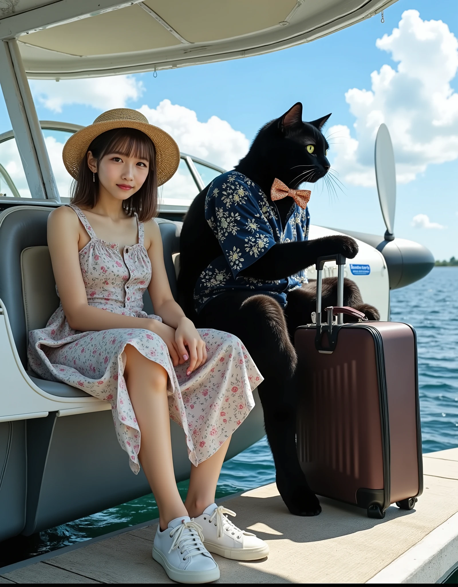 ultra-realistic, Realistic Drawings, Drama scene, shadow, Illuminating the World, alone, 1 girl \( 20-year-old beautiful Japanese girl , , beautiful, cute , wearing a cute patterned one-piece dress with a long skirt , Pastel tank top , Shoulder-length brown hair , accessories , Canvas, simple shoes , Luxury Hat\), 1 giant human-like black cat \( giant human-like black cat , Bow tie, , wearing a Hawaiian-style shirt, , a little taller than a girl , With her , Wearing a dark Hawaiian shirt , Carrying a large suitcase , Small, fat \), the girl and giant human-like black cat are sitting at the cockpit of the latest stylish private flying boat moored at the private seaplane port, , the cat is driving the newest aviator with a single propeller , single-wing aircraft