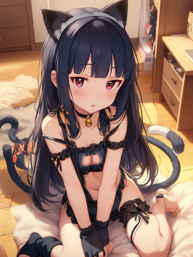 yukimi, ., long hair, blunt bangs, flat chest, expressionless, shy, (cat lingerie, cutout:1.2), leotard, sitting wariza,  paw pose, cat head band, cat tail, (cat gloves, cat boots:1.2), (choker with a bell), (from front),  upward glance, open mouth, best quality, masterpiece, 4k, cowboy short, full body, action pose, bare shoulders, Collarbone, 