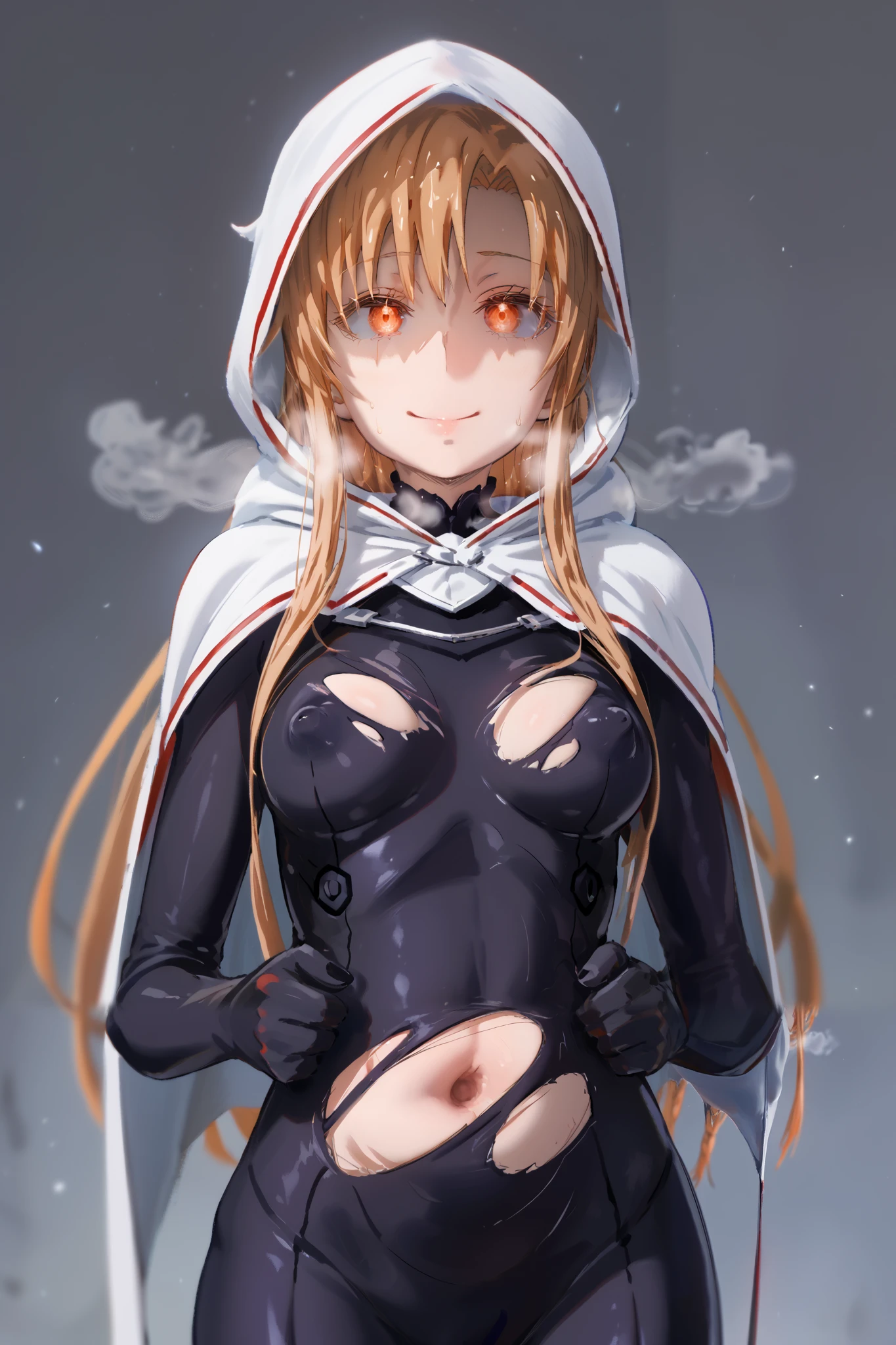 ken-1, score_9, score_8_up, score_7_up, score_6_up, uncensored, asuna yuuki from sword art online, orange hair, long hair, fold, orange eyes, BREAK UHD, retina, masterpiece, accurate, anatomically correct, textured skin, super detail, high details, high quality, award winning, best quality, highres, 4K, black nails, makeup, eyelashes, shaded face, (gasping, heavy breathing:1.3), BREAK, 1girl, solo, breasts, hood, torn_clothes, red_eyes, covered_navel, small breasts, looking_at_viewer, gloves, full_body, smile, boots, bodysuit, standing, covered_nipples, glowing, cape, cloak, glowing_eyes, hood_up, torn_cape, black_cape, closed_mouth, (aura:1.3)