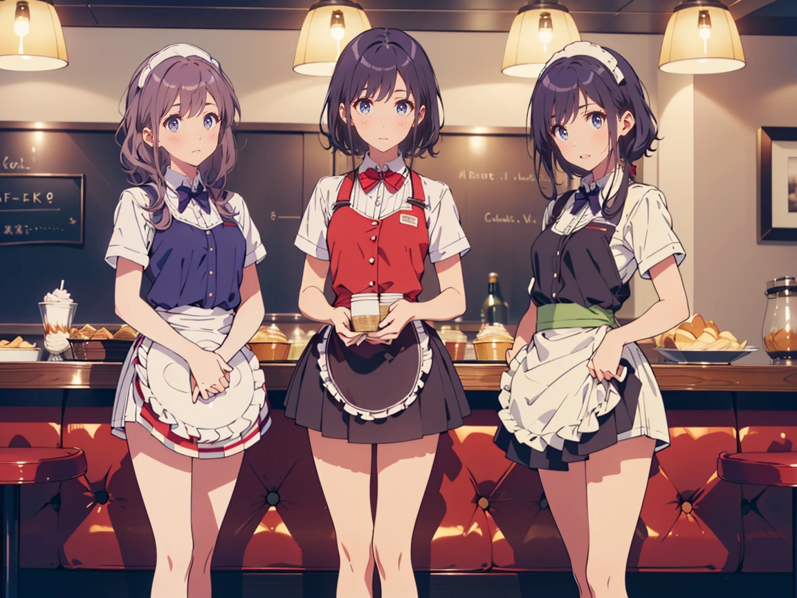  (8k), (   very detailed), (    best illustration   ), Cafe。   black hair。 Shima Rin。Five Women。 College Student 。  maid outfit  。.  flat chested。  short hair 。   big red ribbon barrette。 four-leaf clover with green hair 。 one woman flips over her skirt and sits with her legs spread。一人の女は私を向いて vaginal vibrator in the cityを入れて四つん這い。One woman is fingering vaginal 。One woman lies face down and flips her skirt 。 vaginal vibrator in the city