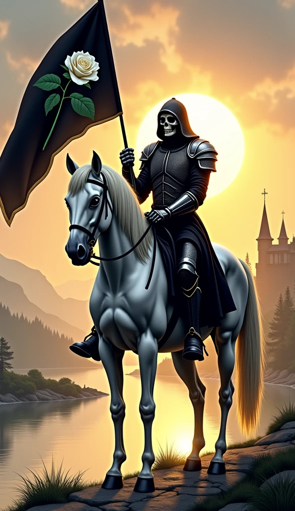 t shirt design, sticker, a knight on horseback and long hair shawl in a high contrast chiaroscuro style horror setting, began,