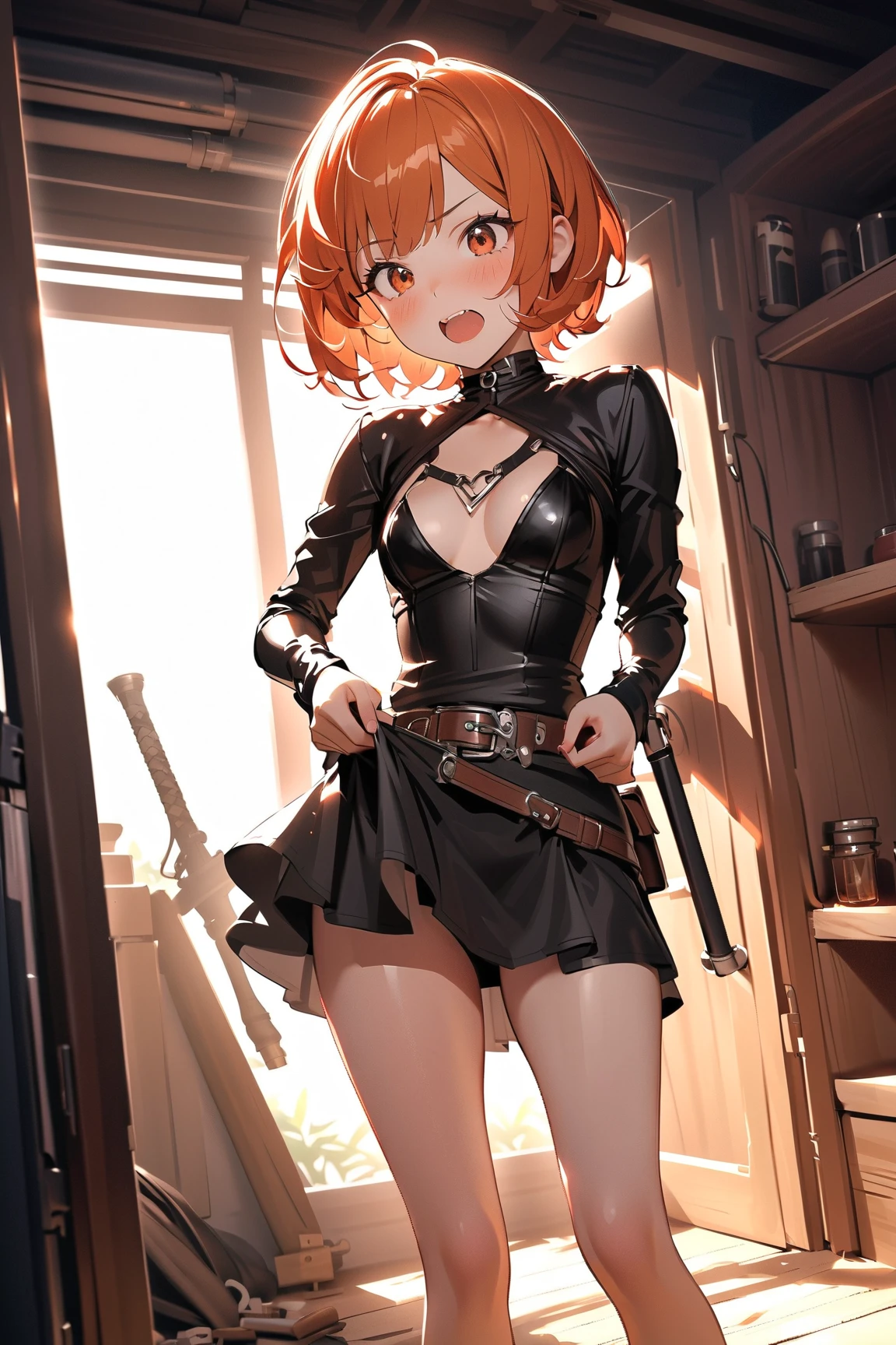 (solo 1 skinny  girl:1.4), the middle ages, (short red hair:1.5), (short dress:1.2), (plunging neckline), wiry corset (emphasize cleavage), (very short torso:1.3), (inconceivably thin narrow waist), short (brown capelet), BREAK, (flapping very short brown skirt:1.3), emphasize thigh gap, (thin long legs), nose blush, BREAK, (12th Century Europe)