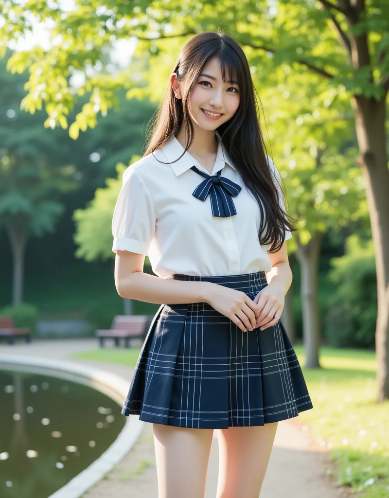 High resolution, Photorealistic, Hyper-Realism, ultra sharpness, silk skin, Detailed eyes, a small face, [(Bedroom, Large bed):(field on alpine flowers):0.05], best light, BREAK, (1girl in), NSFW, Japanese, Idol, kawaii, 18year old, BREAK, (high school summer uniform, The uniform consists of a short-sleeved white collared shirt and a navy blue pleated skirt, Small plain dark blue bow tie, No logo), White ankle socks, Black loafers, Breasts out, BREAK, Sitting, (Spread legs), pantyshot, (White panties), (Happy:1.5), Angelic_Smile, Full body、nude,NSFW