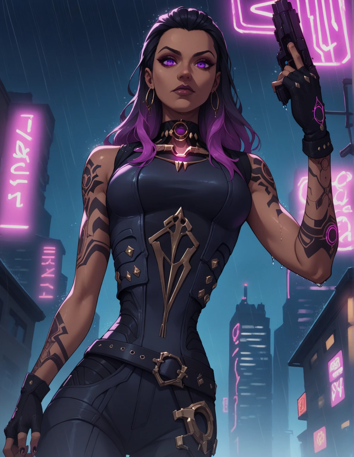 score_9, score_8_above, score_7_above,score_6_above, score_5_above, score_4_above , 1 , Alone, 
ReynaDg ,
 dark-skinned woman , two-tone hair,   long hair,  purple hair , purple eyes,  black hair,   hair combed back  ,
body preto, black gloves,  tattoo on the arm, shining,belt, fingerless gloves , 
 science fiction ,  neon lights,  city,  light particles , night,  rain, wet,
from below,  holding a pistol ,
 gloves looking at the viewer,
 