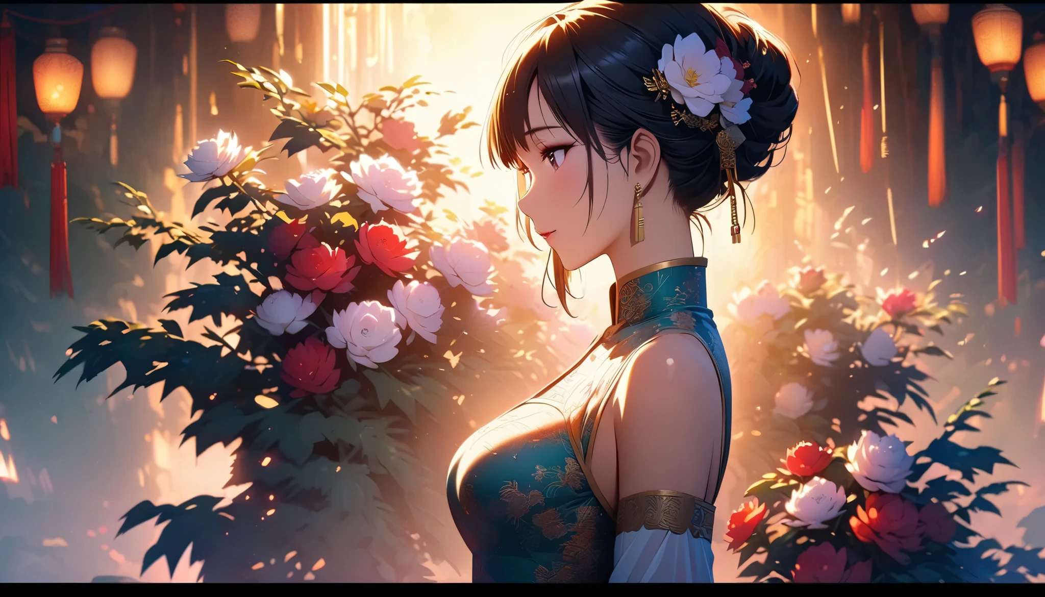 Myanmar girl sensual, Shapely bust Myanmar Dress Highly Detailed Flower Painting , side shot , Banner Written With Soft Lighting Glow Effect , Cinematic Look , beautiful hair,
