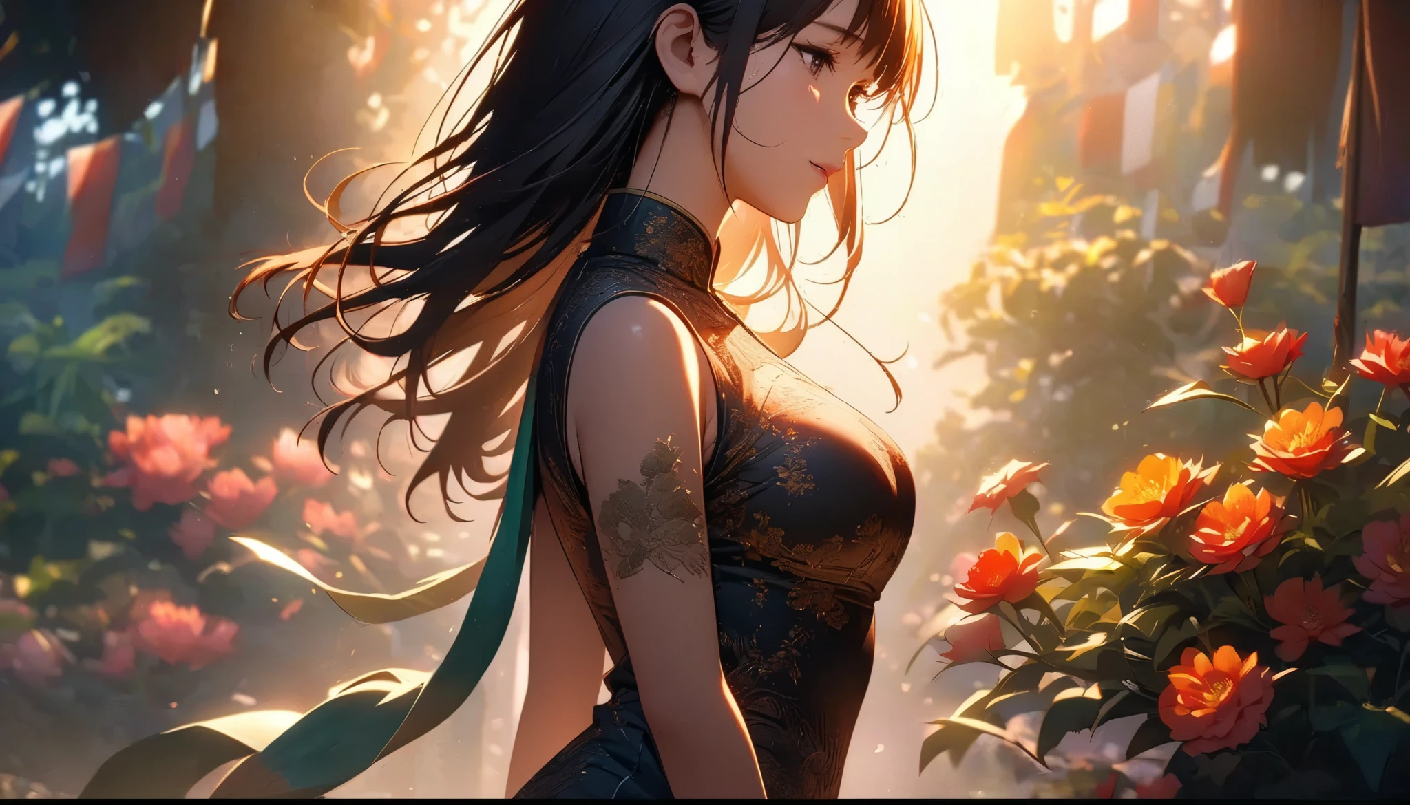 Myanmar girl sensual, Shapely bust Myanmar Dress Highly Detailed Flower Painting , side shot , Banner Written With Soft Lighting Glow Effect , Cinematic Look , beautiful hair,