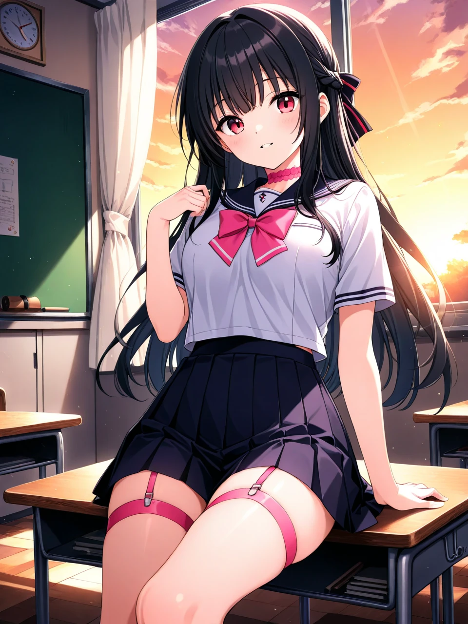   1 girl 、sunset、classroom、uniform、 black hair、  red eyes、 Pink Mesh 