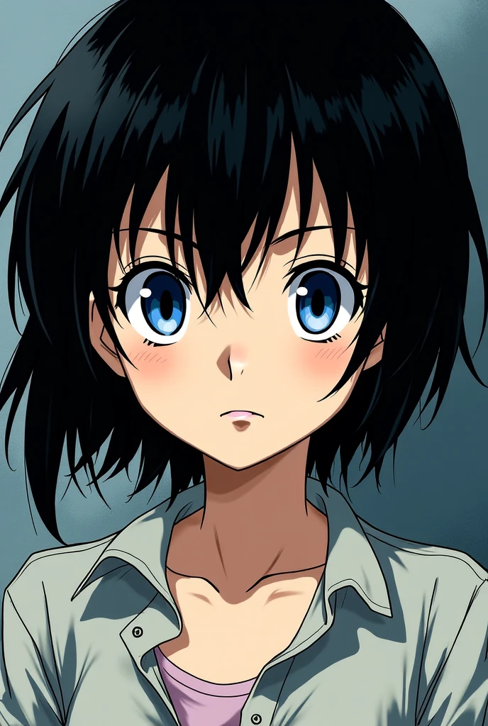 In a dark, dusty basement, a girl is getting up from the ground. She wears a simple short white dress and has short black hair and blue eyes. She doesn't look directly at the image and on her face there is an expression of weariness, adding a touch of beauty to the gloomy surroundings.