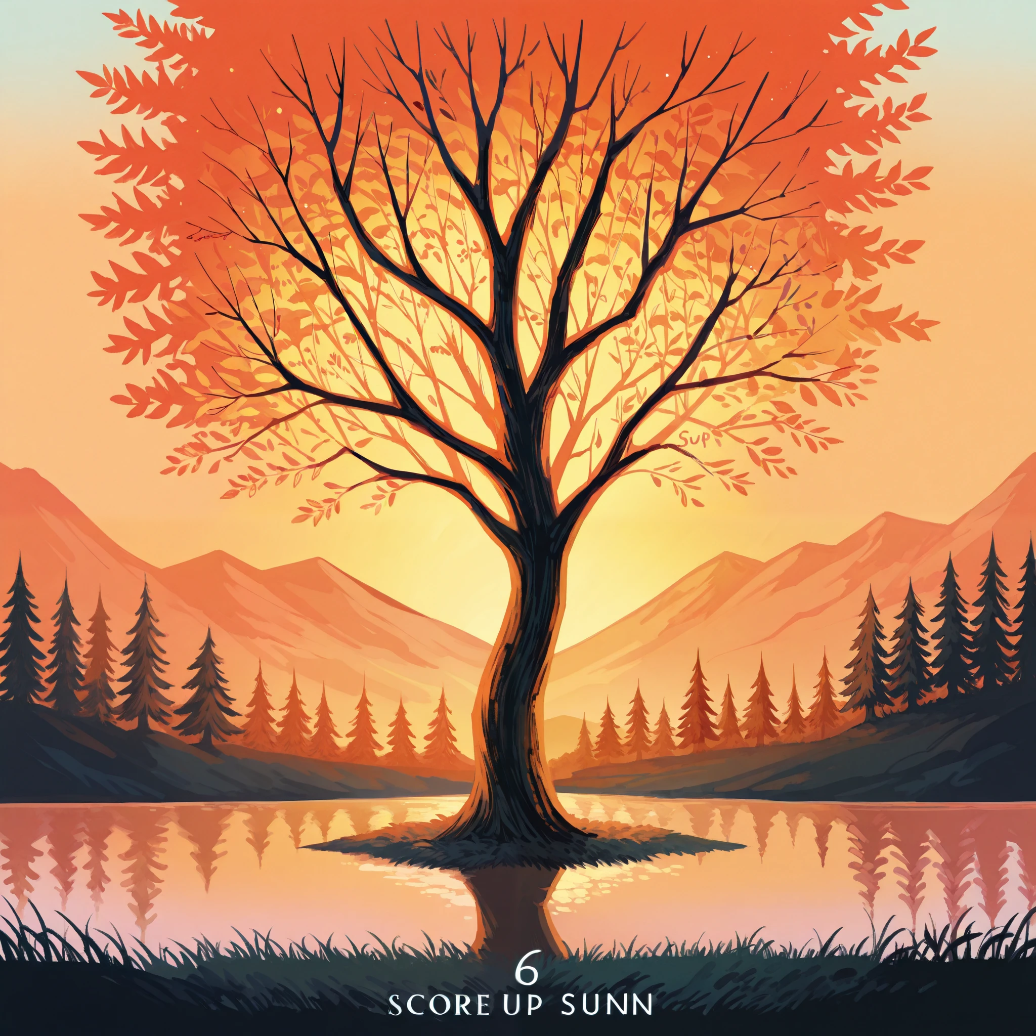rating_safe, score_9, score_8_up, score_7_up, score_6_up, score_5_up, score_4_up, highres, source_furry, cover page, simple landscape illustration, stylized trees, lake and setting sun, flat design, warm colors, geometric elements, peaceful, clean style