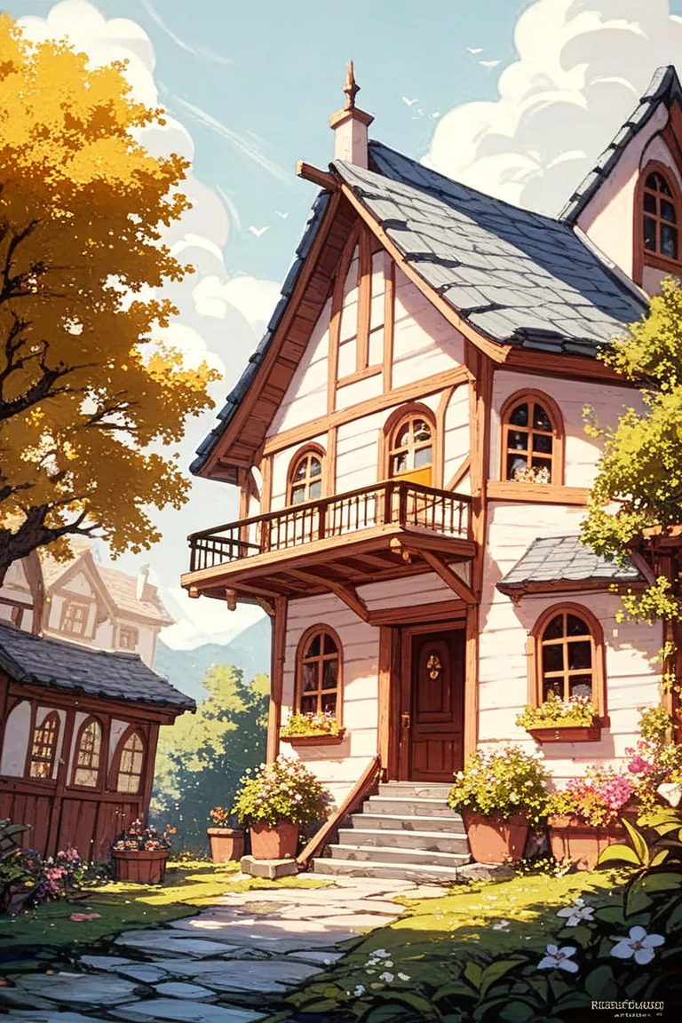 A girl is standing in front of a house