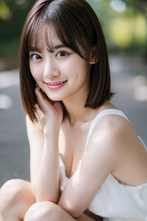 masterpiece, best quality , 8k, ultra high definition、 Photo with Head on Knees 、 20th generation, Big Breasts, cute, Alone, smile、 cute, , cute、 delicate girl, Pure Beauty , RAW photos, professional photoshoot, Soft light, Professional Writing , Backlight, looks away, Sophisticated, film grain, ( eye and face details:1.0), Floating Hair, asymmetrical bangs that grab the , Round face、Young Face、( little )、 I can see her creevage、 The protruding are clearly visible:1.8,、( Calvin Klein、plain spobra 、( PACK))、 Full Thighs :1.6、 Clear White Skin、Dolly Make、(smile、Free pose、Free Action)、whole body、