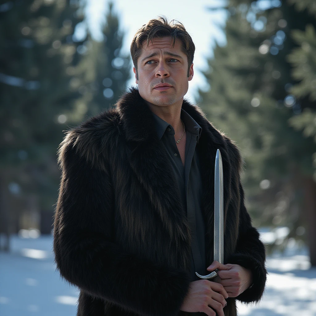  Medium portrait of a man Brad Pitt in a black fur coat with a sword, against the background of a snowy forest 