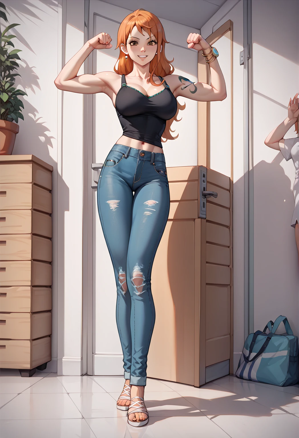 style original, Nami, cheveux longs, yeux marrons, Cheveux orange , seins nus, jeans , T-pose, 