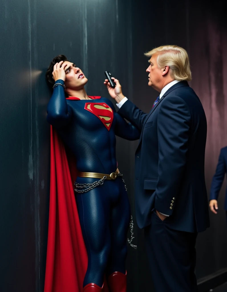 Superman was put on a wall with his limbs bound by chains.Superman look at US President Trump holding a remote control in Trump hand. Superman's expression like idiot from Trump. Trump US President is very happy. US President Trump is Superman's new bosd. Trump wearing suits .
muscular Superman, Tyler Hoechlin, Black bob, Superman suit, red cape, red boots, red briefs. closed eyes, on the concert stage, arms outstretched, anguished scream, detailed face, highly detailed muscles, cinematic lighting, dramatic composition, moody color grading, vibrant colors, realistic rendering, photorealistic, 8k, HDR, cinematic, epic, dramatic, powerful, heroic, intense, emotional

