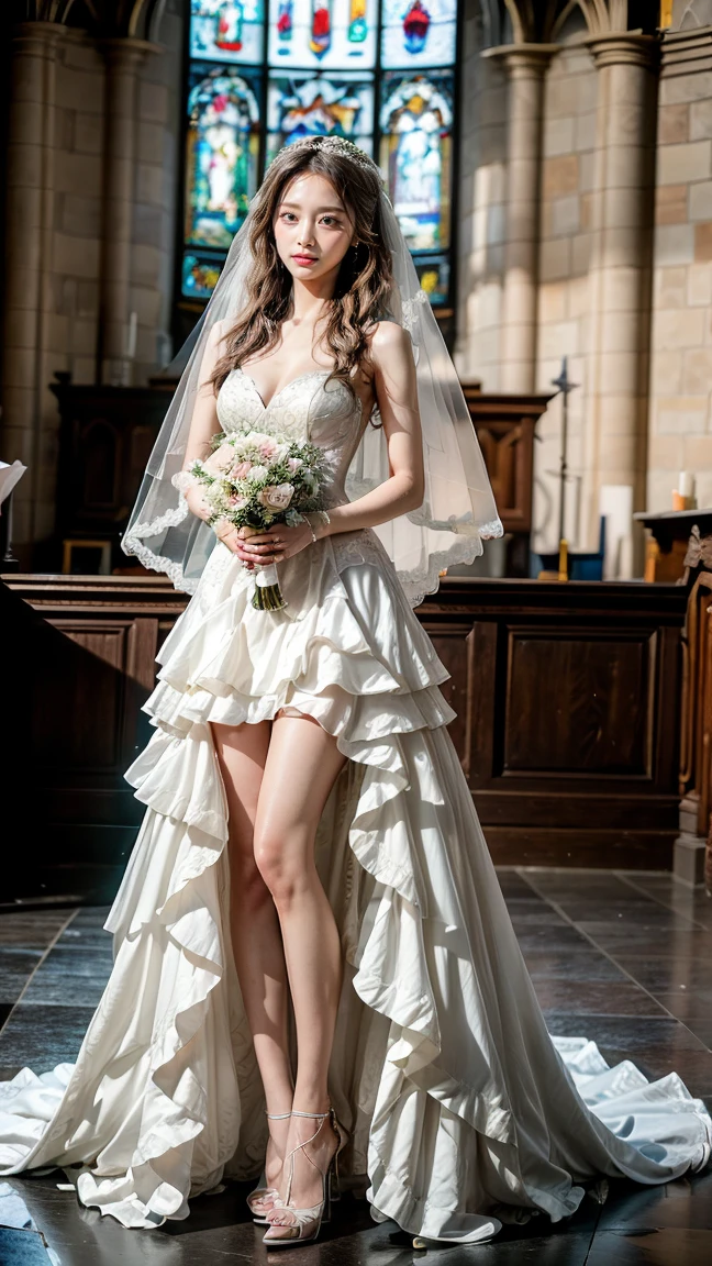 A beautiful young Japanese woman, 26 years old, with healthy thighs, beautiful legs, flawless skin, random hair color and style, large breasts, wearing a (wedding dress:1.3), (she is standing:1.2), full body shot, high heels, holding a bouquet in her hands, in a church setting, (best quality,8k, masterpiece:1.3), (extremely detailed:1.2), perfect anatomy