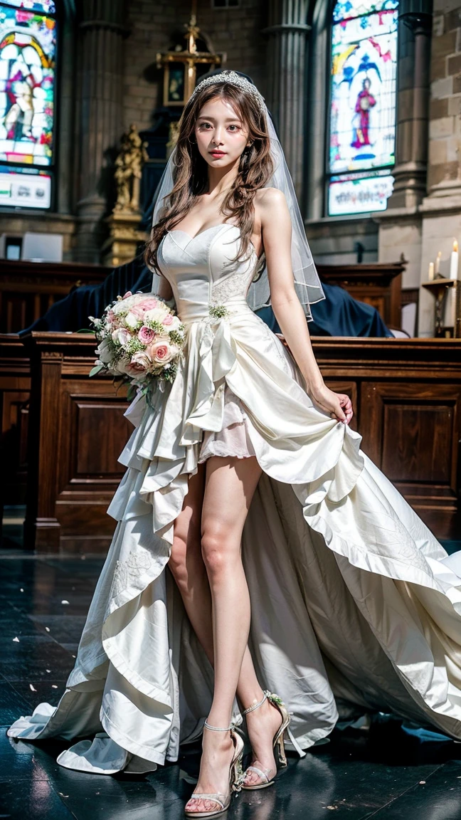 A beautiful young Japanese woman, 26 years old, with healthy thighs, beautiful legs, flawless skin, random hair color and style, large breasts, wearing a (wedding dress:1.3), (she is standing:1.2), full body shot, high heels, holding a bouquet in her hands, in a church setting, (best quality,8k, masterpiece:1.3), (extremely detailed:1.2), perfect anatomy