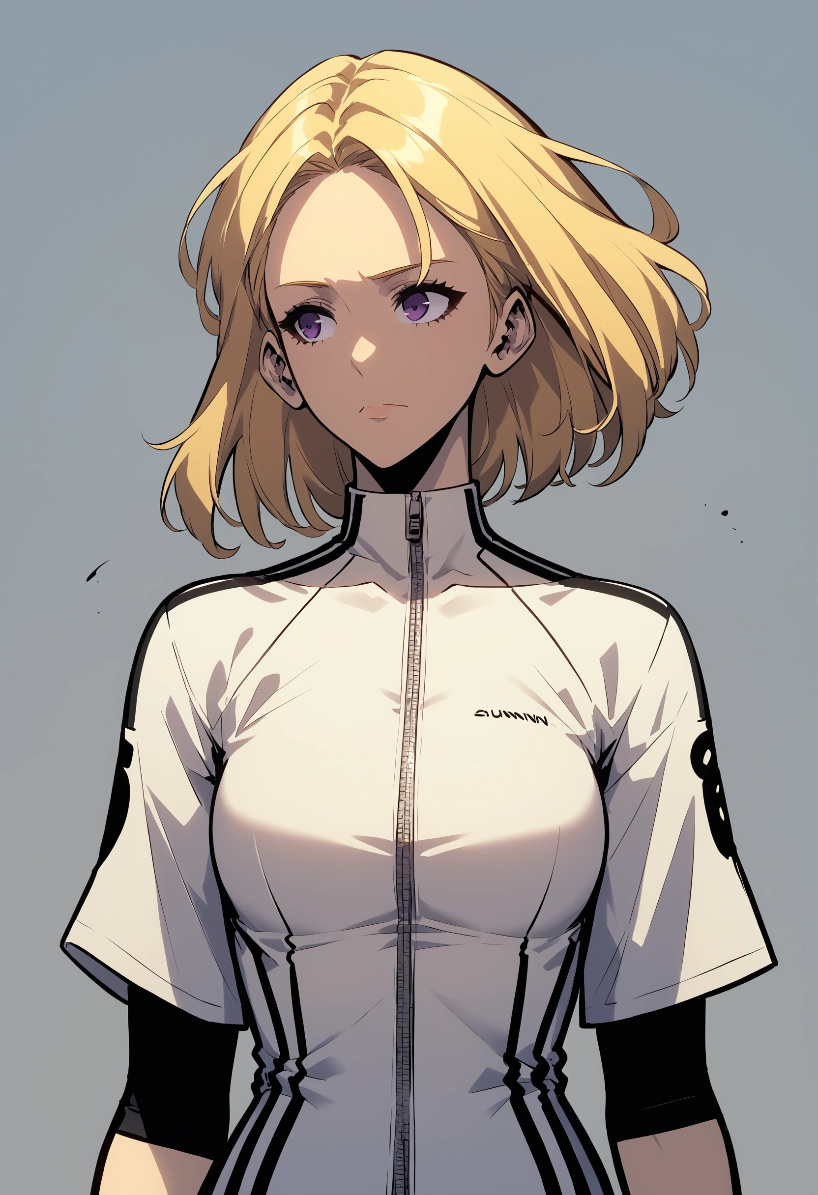 1girl, upperbody, blonde hair, purple eyes, white zipped skintight shirt, black jogging, black gloves, intricate pencil sketch, un-zoom, highly detailed, upperbody view, multiples views, upper body view 