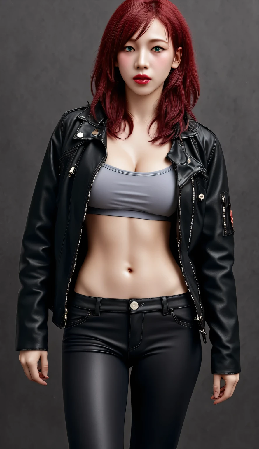 A 20-year-old woman , sits front facing, whole body visible, thick dark red lips , using an unbuttoned leather jacket, not wearing a bra, black leather pants , sweating a lot, very detailed image quality