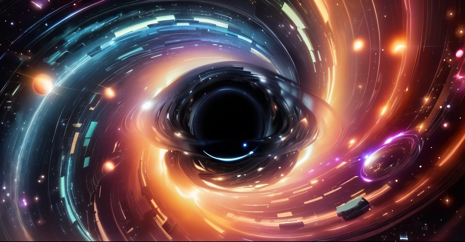 a  black hole with colorful swirls and stars in the background, is being drawn into a  black hole,  black hole time portal, coming out of a  black hole, inside of a  black hole,  black hole in space,  black hole event horizon, traveling into a  black hole,  black hole,  wormhole , luminous  black hole portal,  black hole,  black holes,  wormhole 、