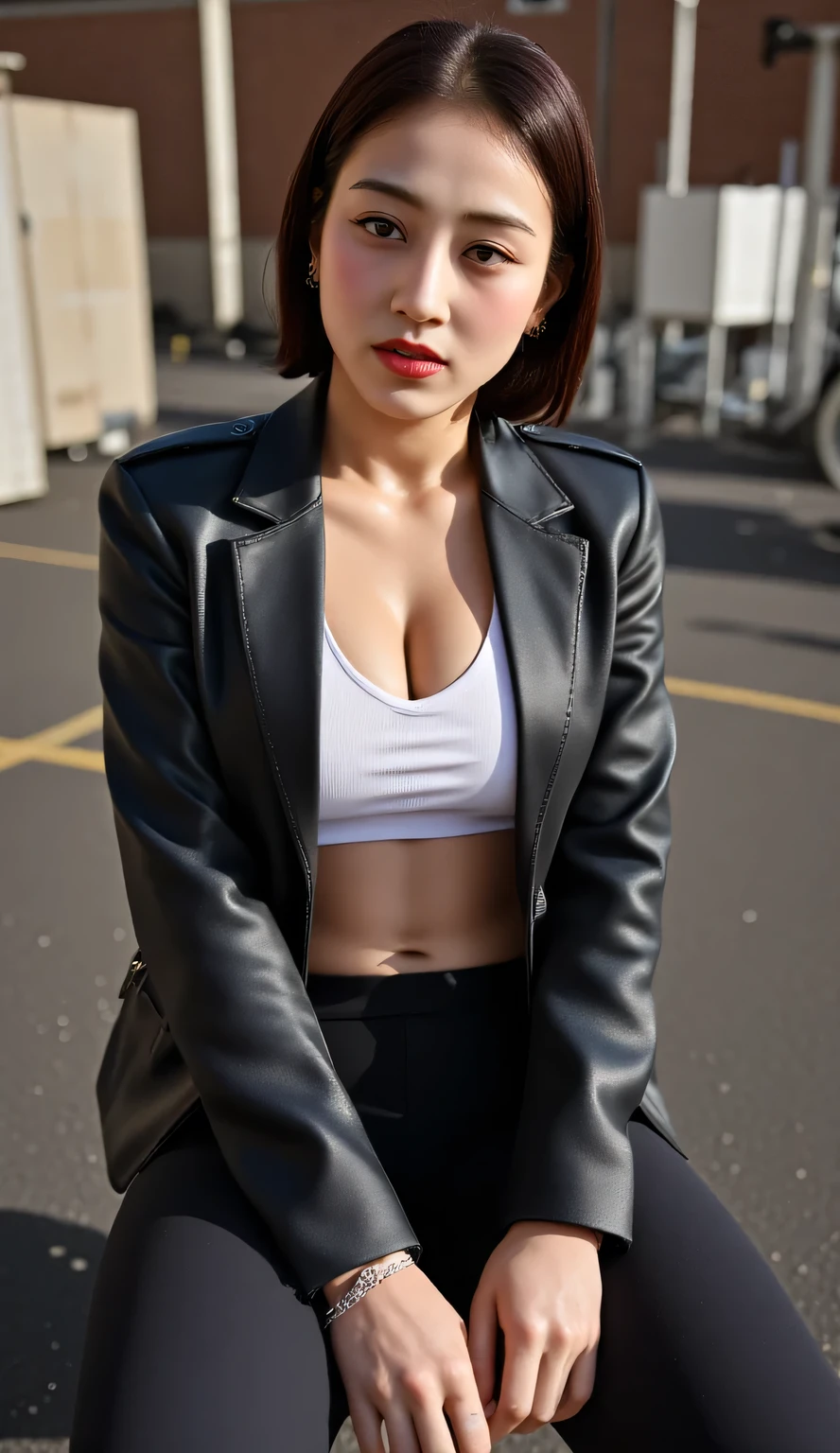  A 20-year-old woman ,  sits front facing, whole body visible,  thick dark red lips ,  using an unbuttoned leather jacket, not wearing a bra, black leather pants , sweating a lot, very detailed image quality 