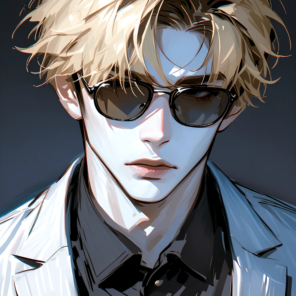  impasto,  short hair, Masterpiece,  best quality , 1 person , Blonde ,  perfect face ,  Black Eye  ,   handsome man   , Alone,  blue-white skin ,  adult male  ,  upper body , Delicate line drawing, Front View ,  very detailed ,  black background , sketch ,  Stylish clothes , black sunglasses