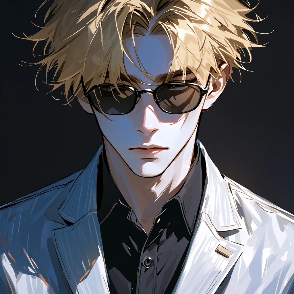  impasto,  short hair, Masterpiece,  best quality , 1 person , Blonde ,  perfect face ,  Black Eye  ,   handsome man   , Alone,  blue-white skin ,  adult male  ,  upper body , Delicate line drawing, Front View ,  very detailed ,  black background , sketch ,  Stylish clothes , black sunglasses